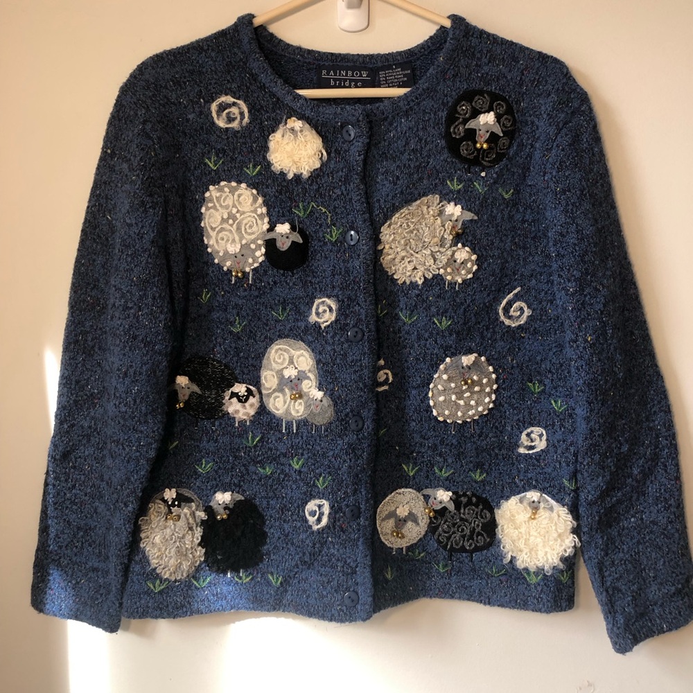 Rainbow Bridge Embellished Sheep Lamb cardigan vintage blue button up wool blend